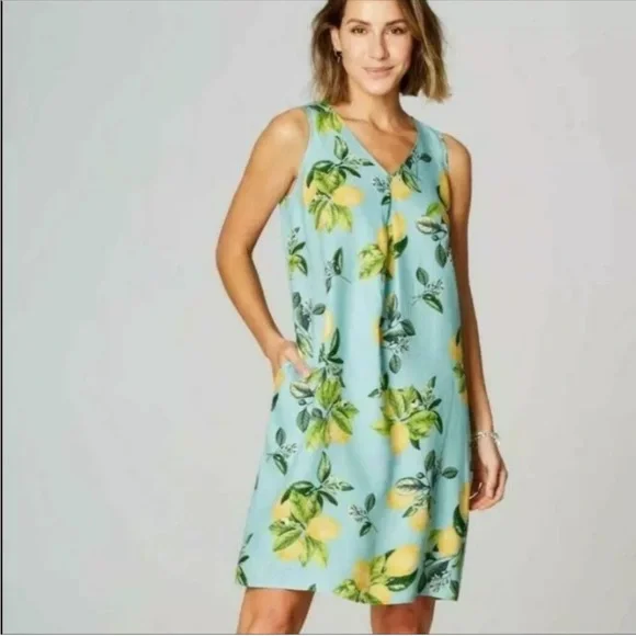 J Jill Love Linen 100% Linen Lemon Print Dress Sz XL - Picture 1 of 8